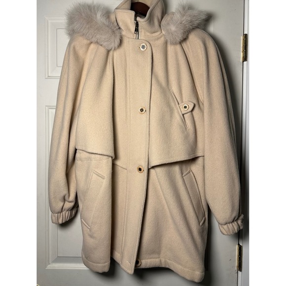 Larry Levine Beige Wool Blend Fox Fur Hooded Winter Coat Women's‎ 10